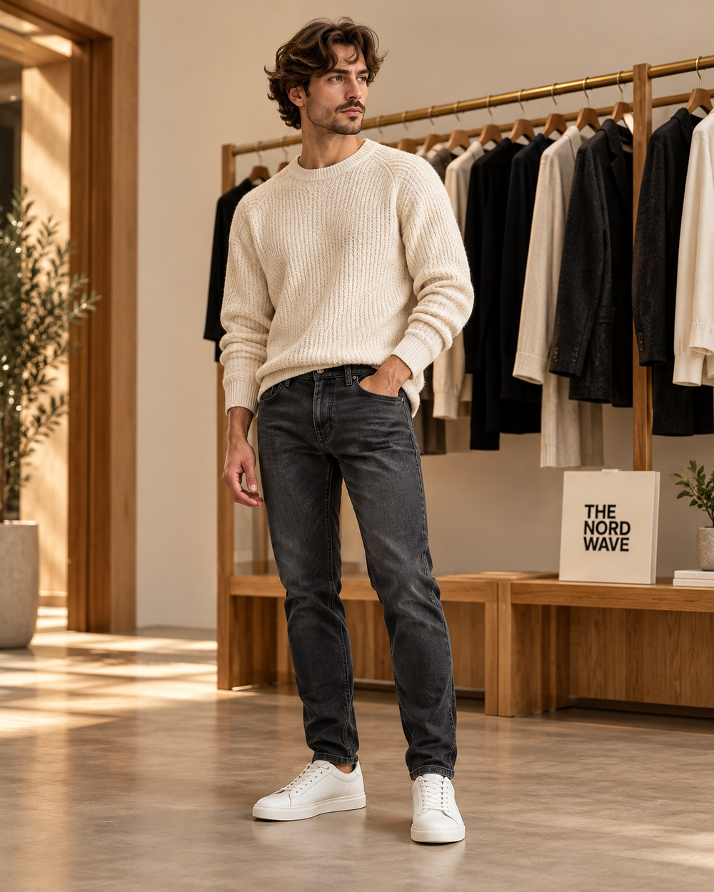 Editorial concept: charcoal denim and cream knitwear