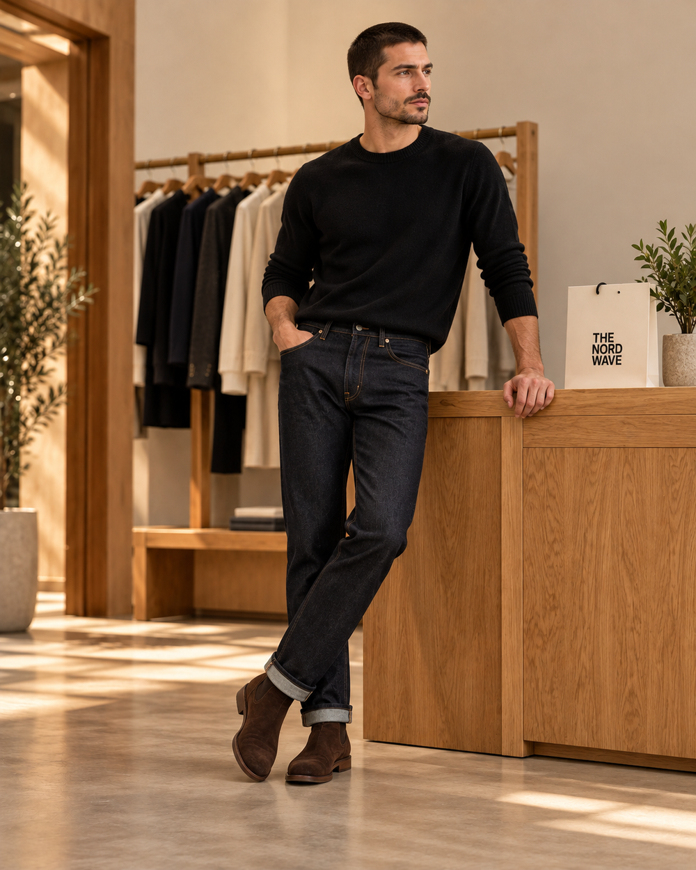 Editorial concept: straight-leg raw indigo denim and suede boots