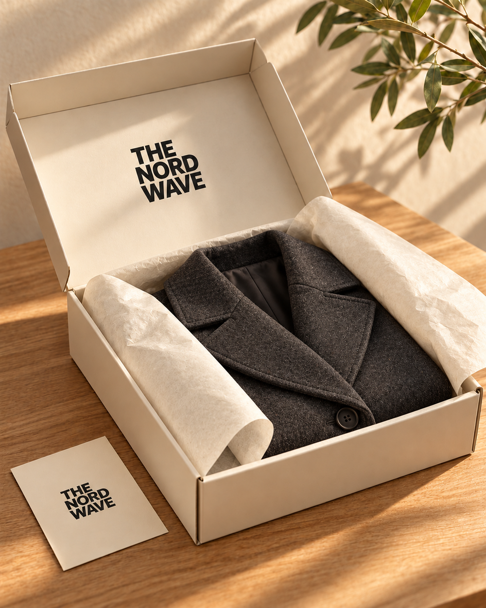 Packaging concept: folded wool coat in a deep paper box