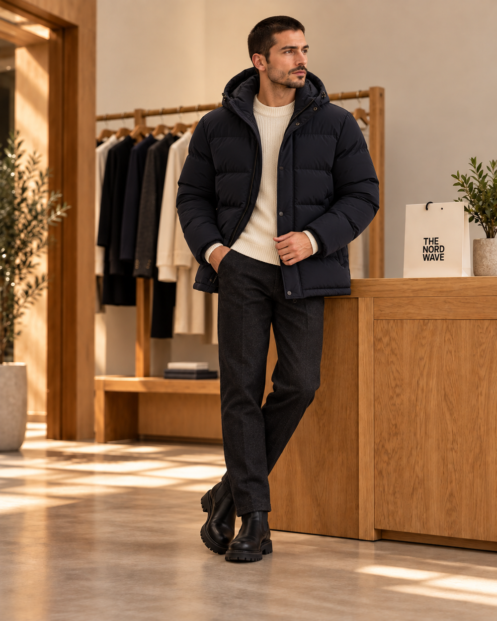 Outerwear editorial concept: worn navy puffer
