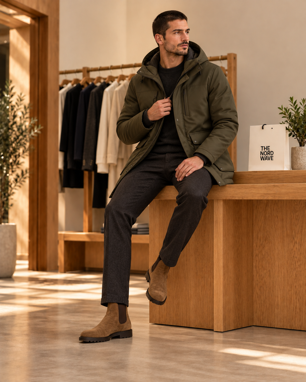 Outerwear editorial concept: worn olive parka
