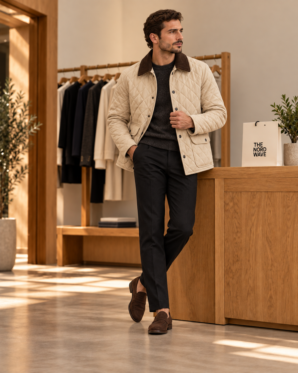Outerwear editorial concept: worn quilted jacket