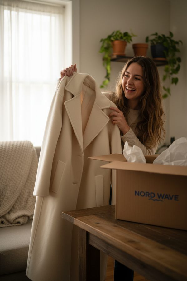 Customer Review Woman with Coat and Box