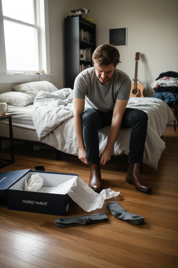Guy Putting On Chelsea Boots