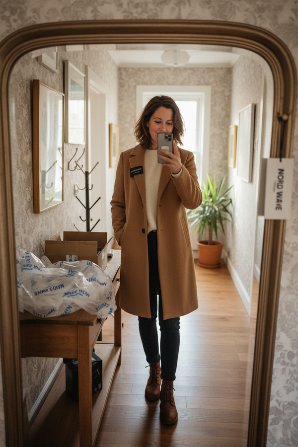 Hallway Mirror Selfie Camel Coat