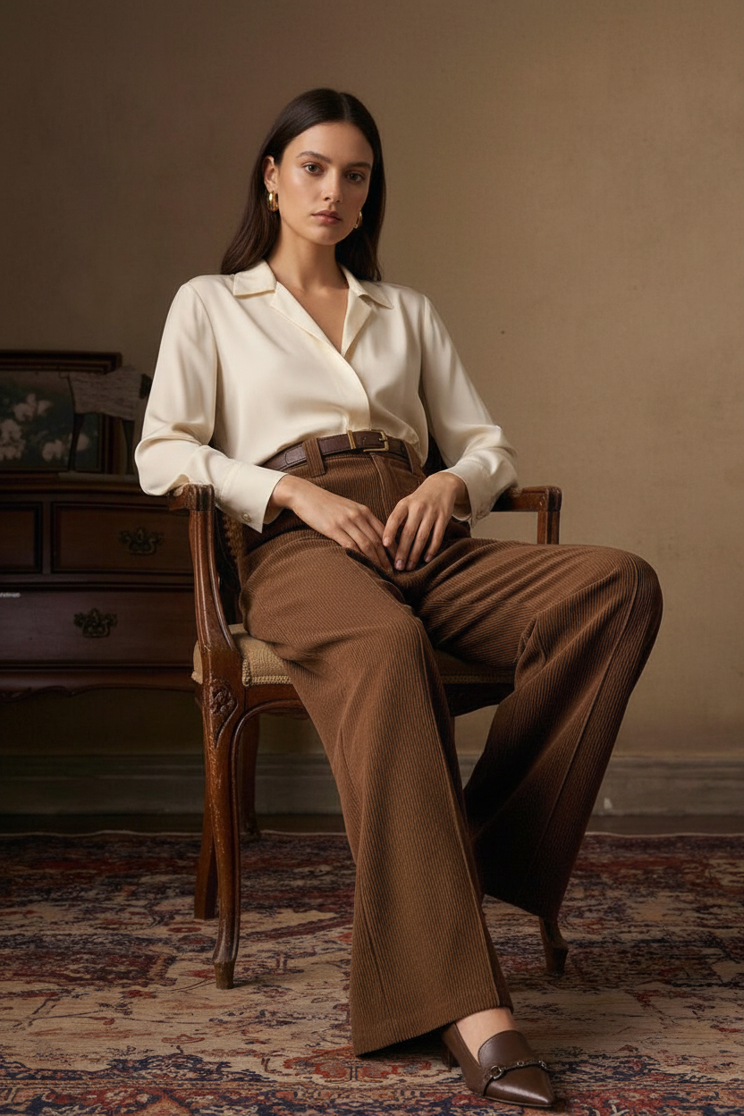 Nord Corduroy Wide-Leg Trousers Tobacco Brown - Sitting