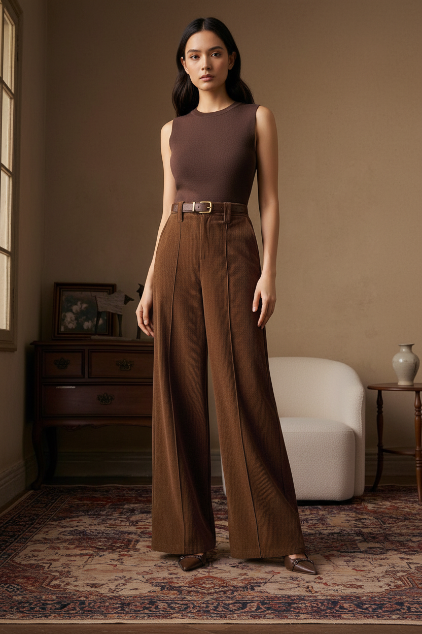 Nord Corduroy Wide-Leg Trousers Tobacco Brown - Full Body
