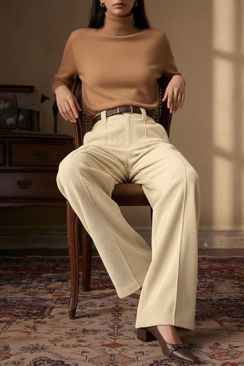 Nord Corduroy Wide-Leg Trousers Ivory - Sitting