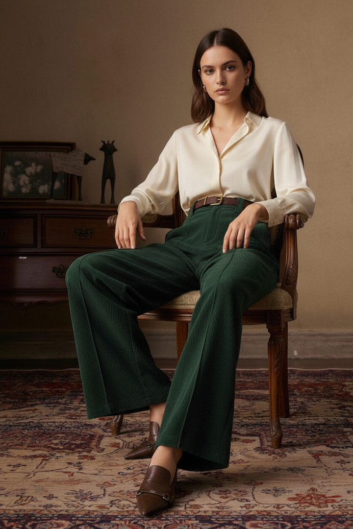 Nord Corduroy Wide-Leg Trousers Forest Green - Sitting