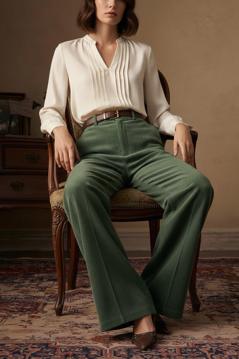 Nord Corduroy Wide-Leg Trousers Sage Green - Sitting