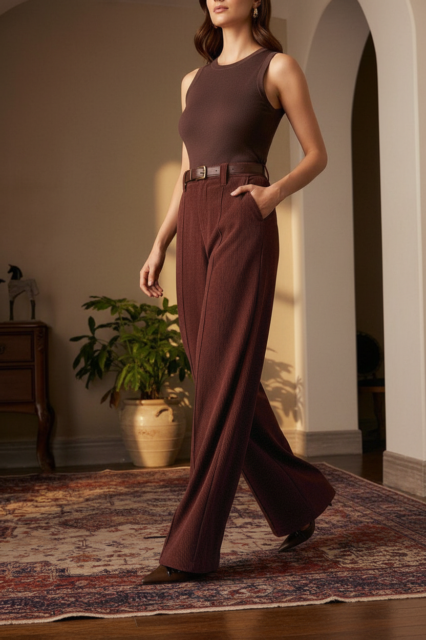 Nord Corduroy Wide-Leg Trousers Burgundy Brown - Walking