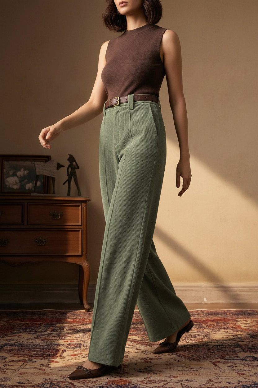 Nord Corduroy Wide-Leg Trousers Sage Green - Walking