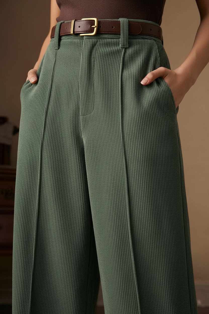 Nord Corduroy Wide-Leg Trousers Sage Green - Detail