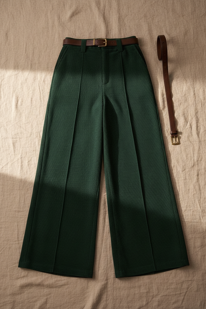 Nord Corduroy Wide-Leg Trousers Forest Green - Flat Lay