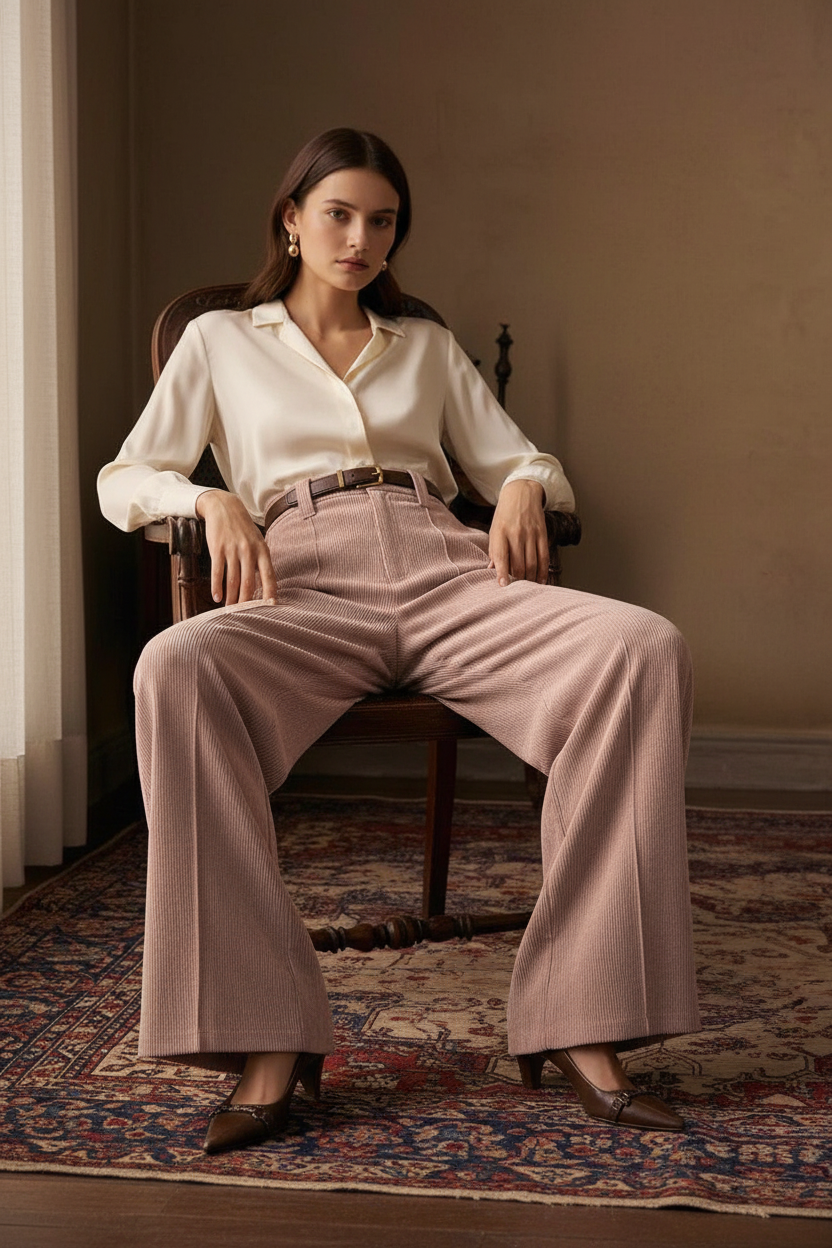 Nord Corduroy Wide-Leg Trousers Dusty Pink - Sitting