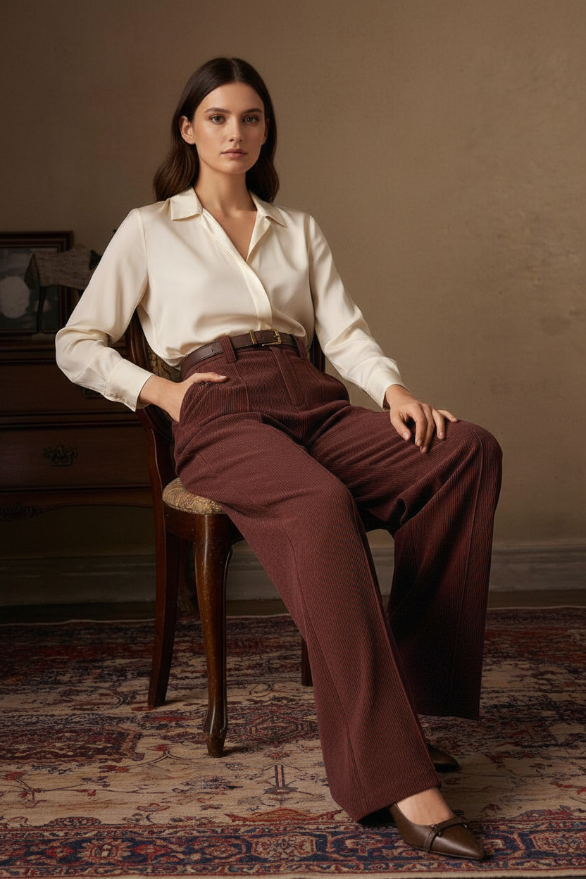 Nord Corduroy Wide-Leg Trousers Burgundy Brown - Sitting