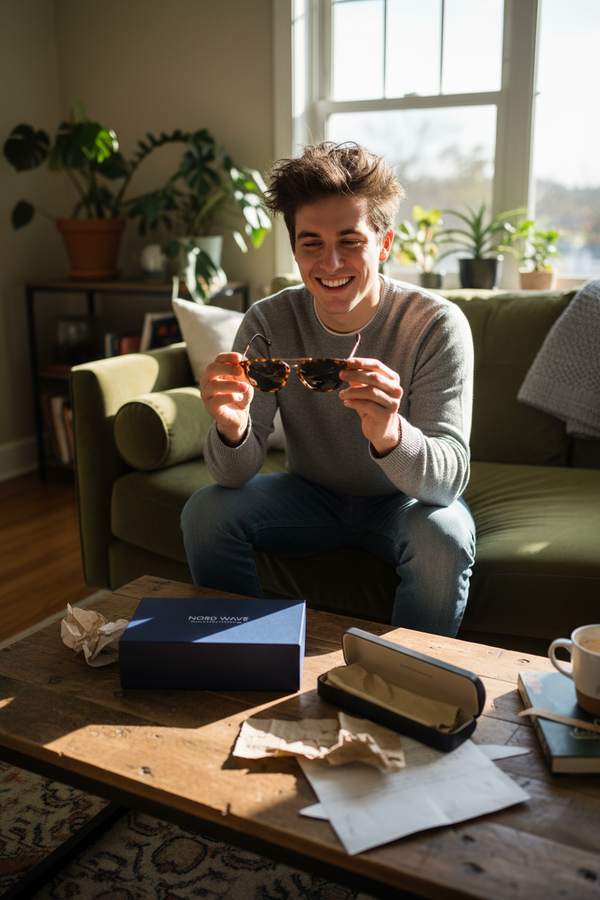 Man Couch Unboxing Aviator Sunglasses