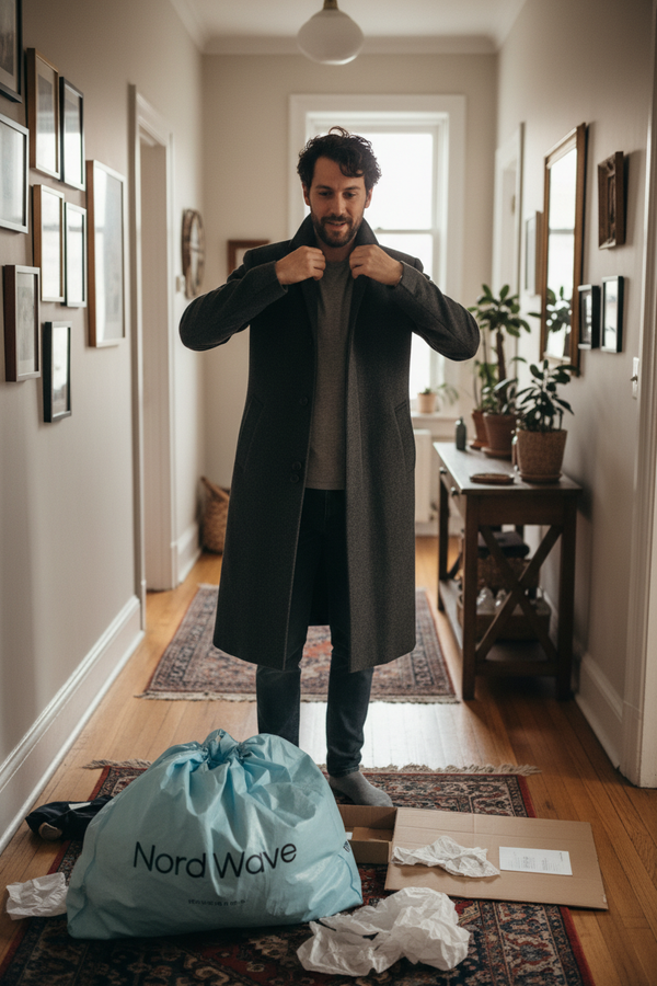Man Trying On Coat Hallway