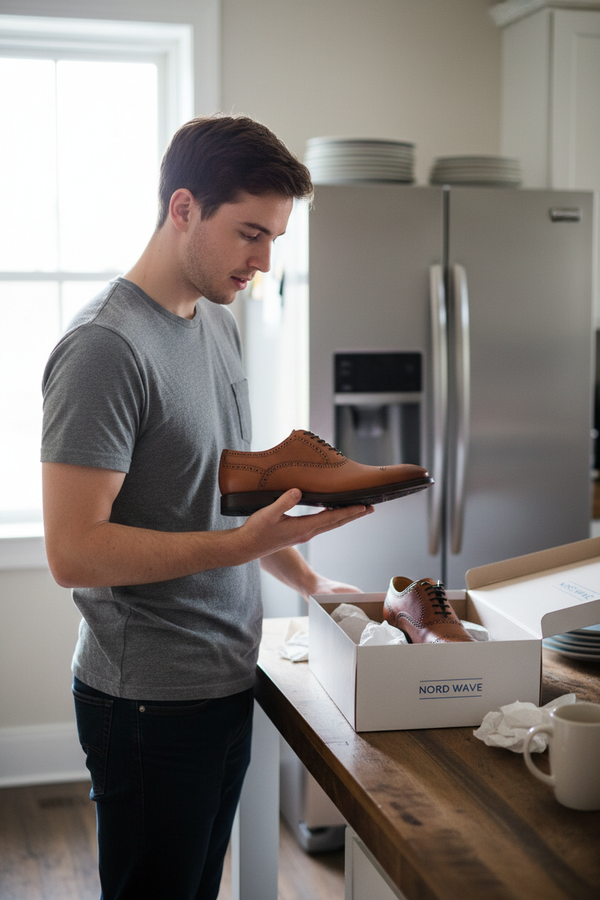 Men Examining Oxford Shoe Kitchen