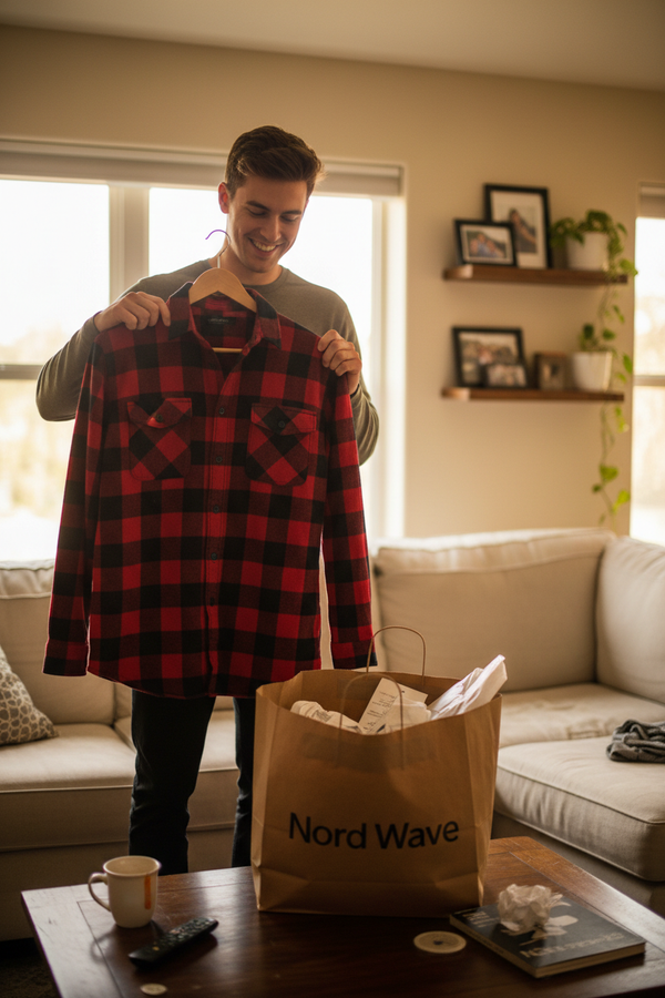 Men Holding Flannel Shirt Unboxing