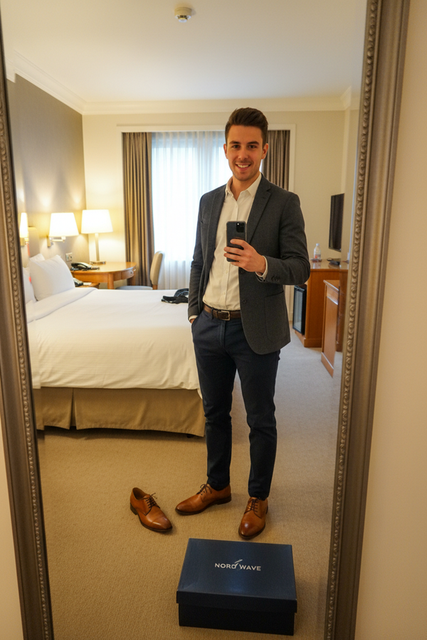 Men Hotel Mirror Selfie Tan Derby
