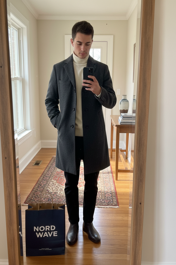 Men Mirror Selfie Dark Overcoat