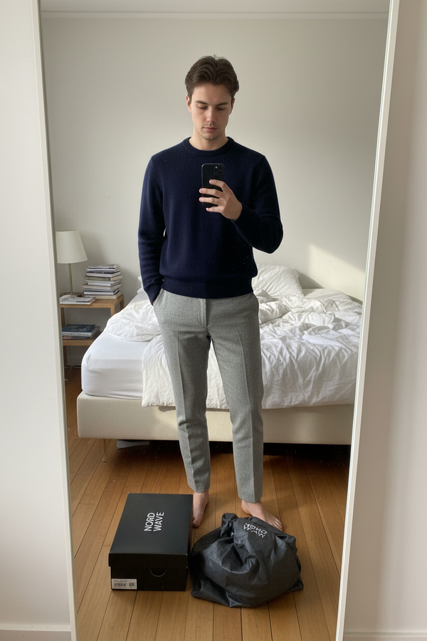 Men Mirror Selfie Grey Trousers Navy Knit