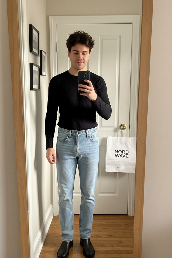 Men Mirror Selfie Light Jeans Black Top