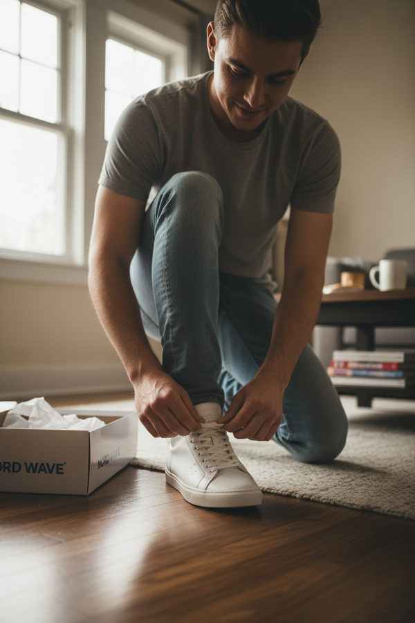Men Tying White High-Top Sneakers