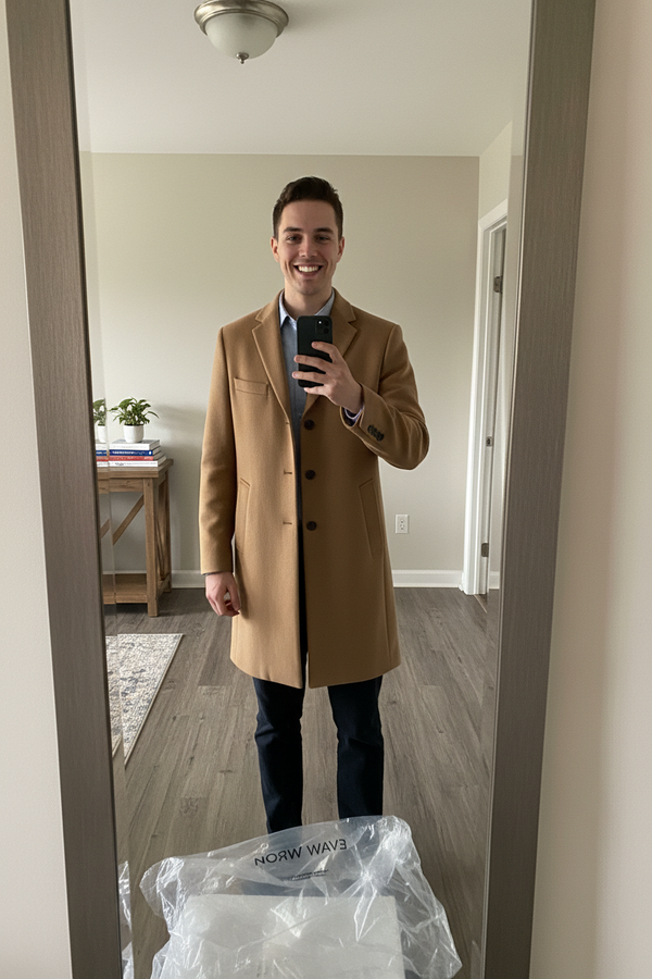 Mirror Selfie Camel Coat Wrap on Floor