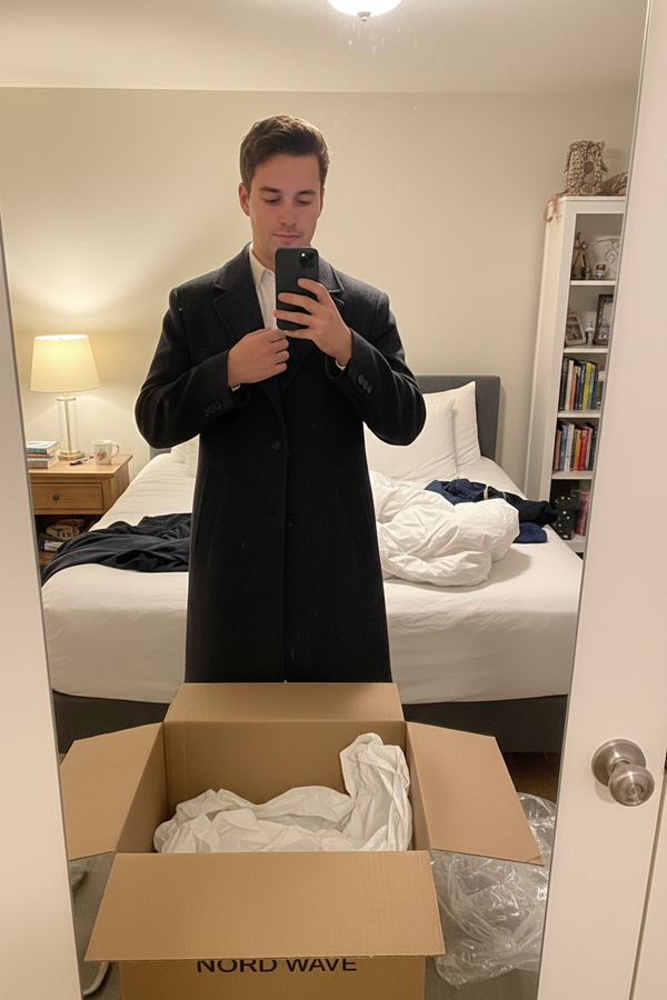 Mirror Selfie Dark Coat Box on Bed