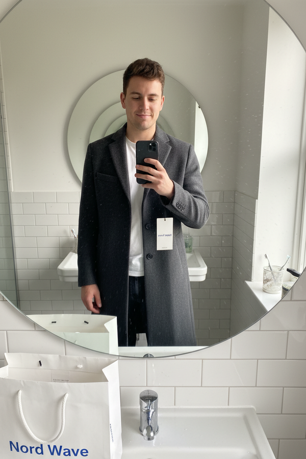 Mirror Selfie Grey Coat Bag on Floor