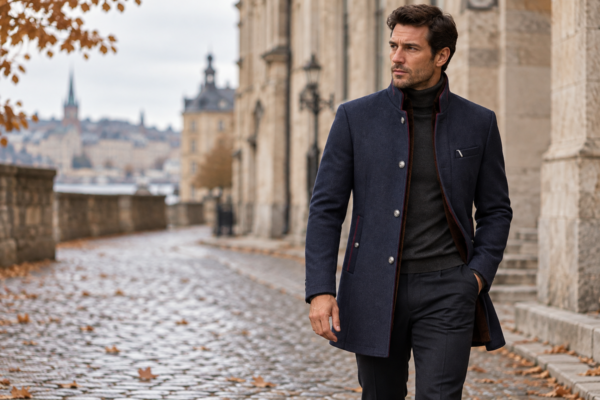 Nord Corte Coat in midnight navy on an autumn city street