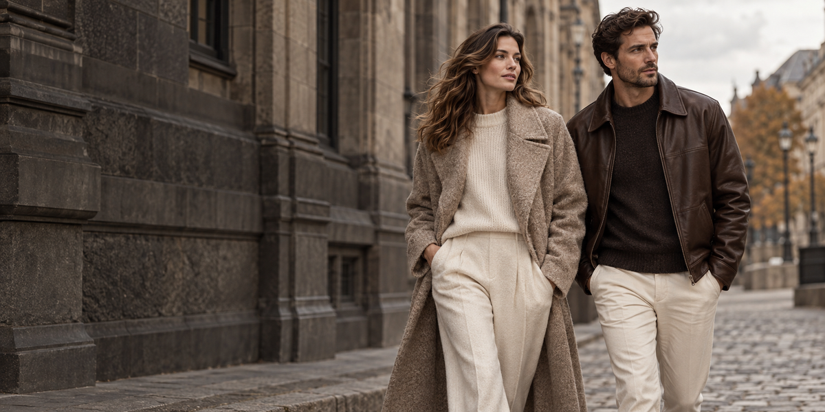 Two models wearing autumn layers on a stone city street