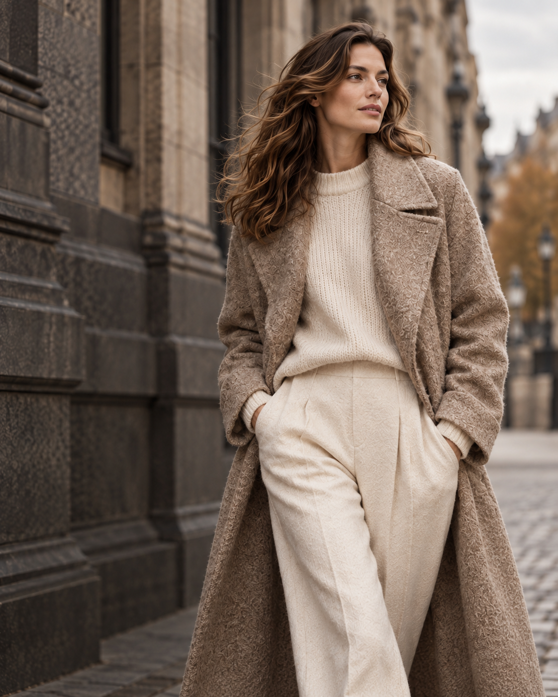 Woman wearing neutral autumn layers