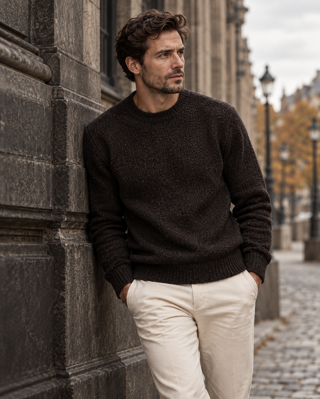 Man wearing dark knitwear