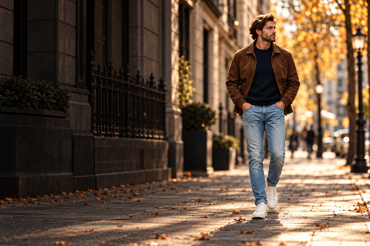 Menswear editorial concept in an autumn city