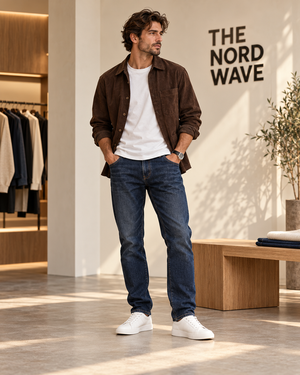 Editorial concept: indigo denim and brown overshirt