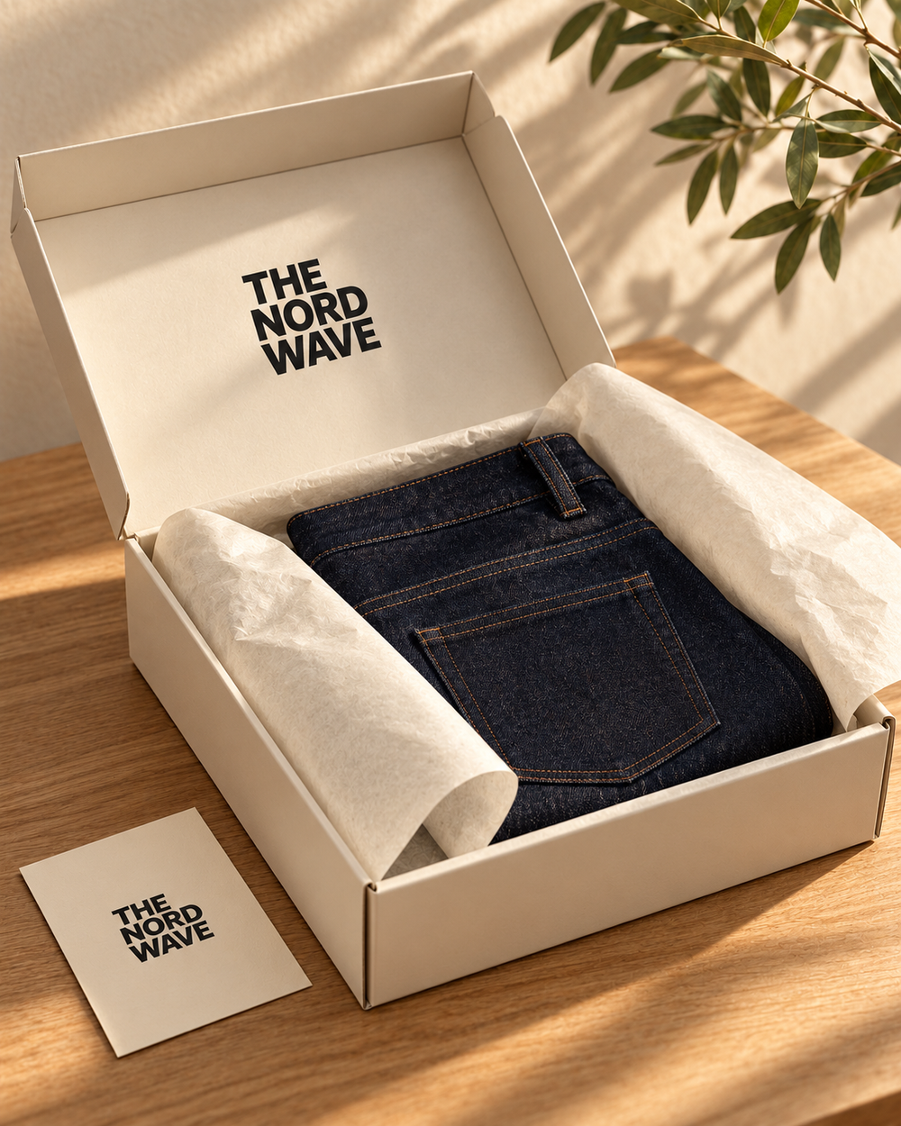 Packaging concept: dark denim in an open paper box