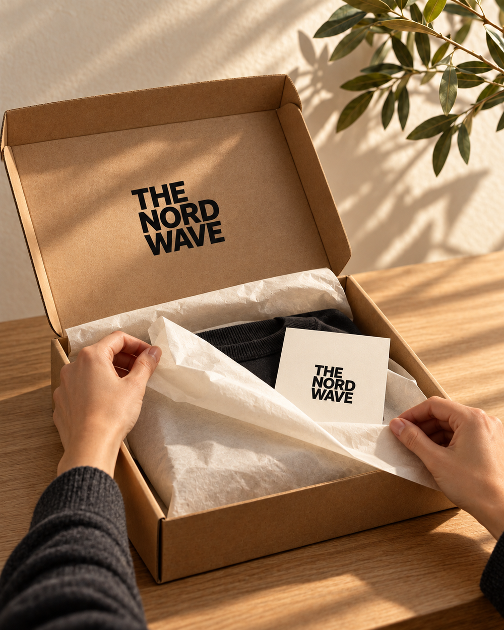 Packaging concept: hands arranging tissue in a box