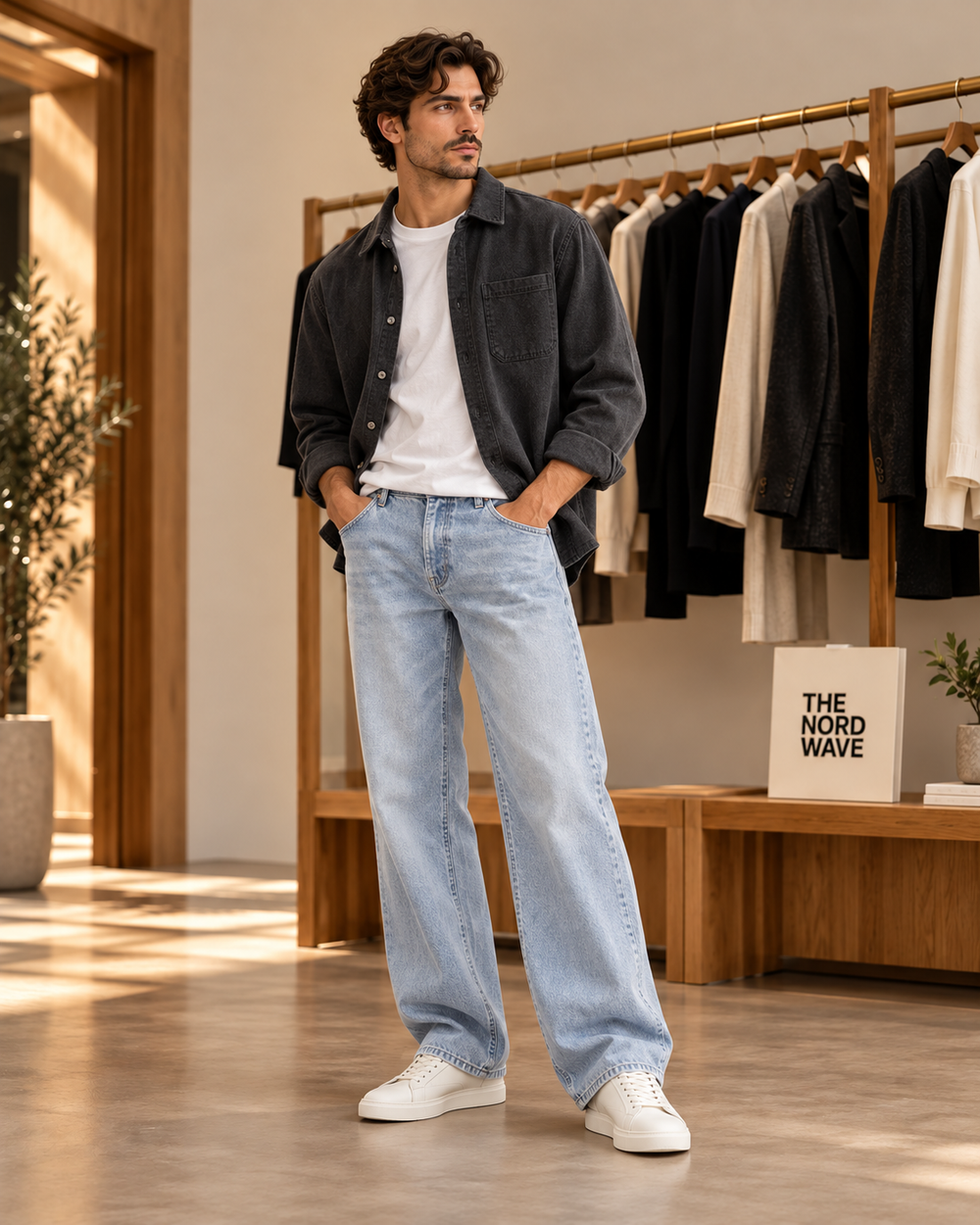 Editorial concept: relaxed wide-leg light stonewash denim
