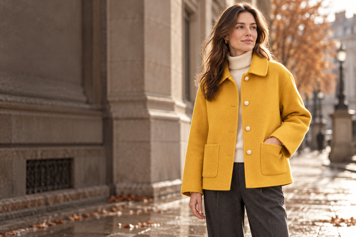 Nord Lorenzo yellow wool coat on a woman in an autumn city