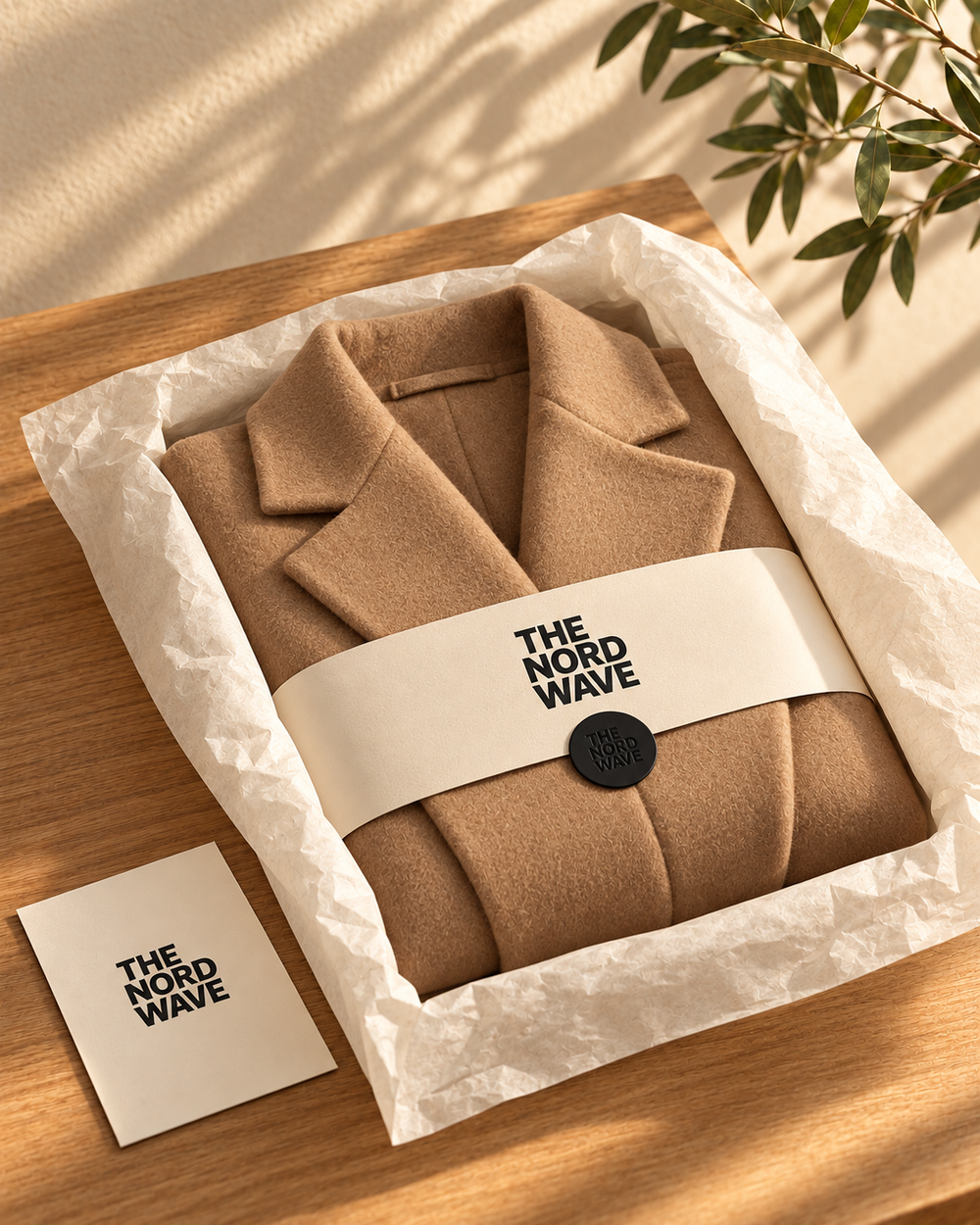 Packaging concept: camel coat, tissue and branded paper wrap