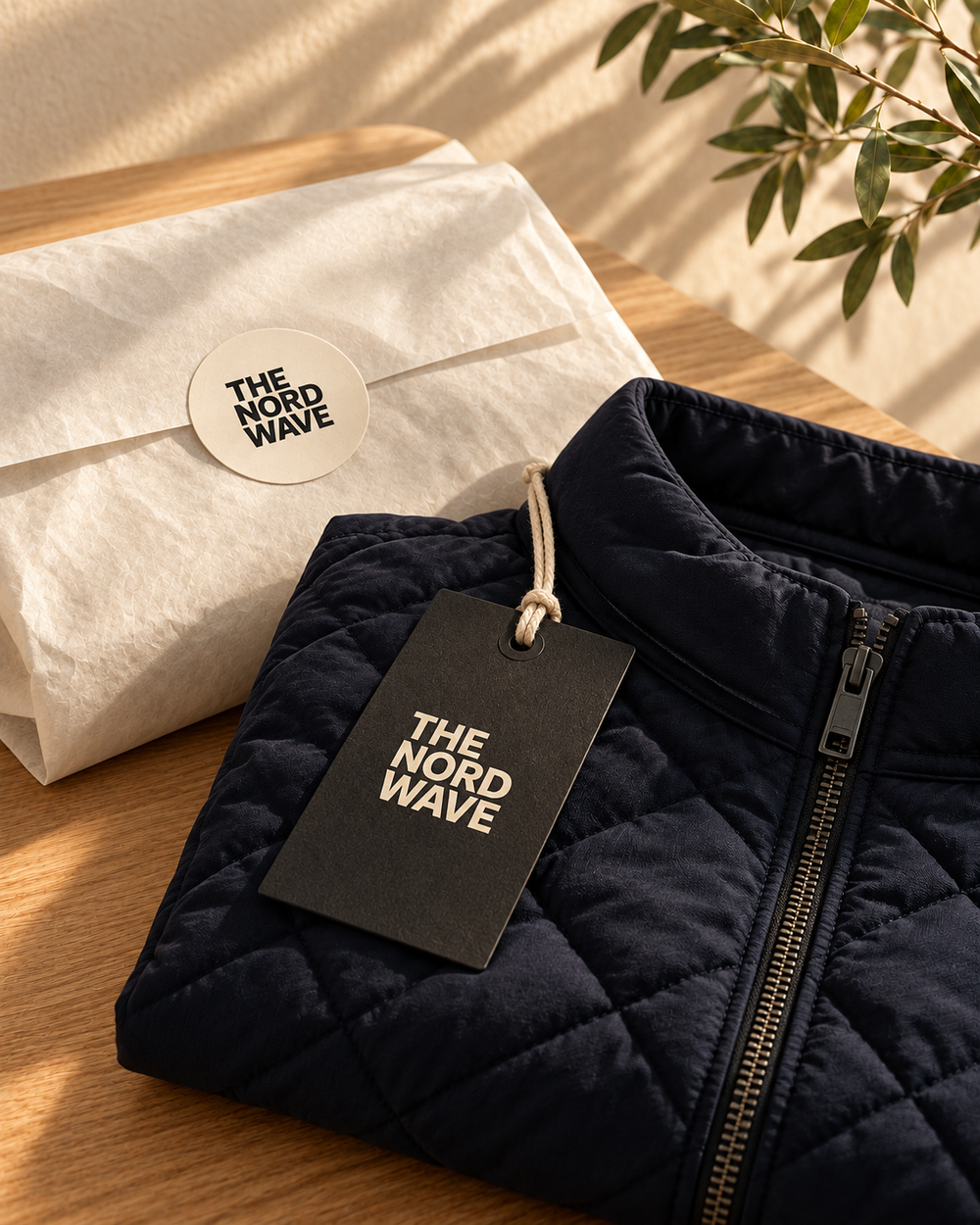 Packaging concept: quilted jacket fabric and brand tag