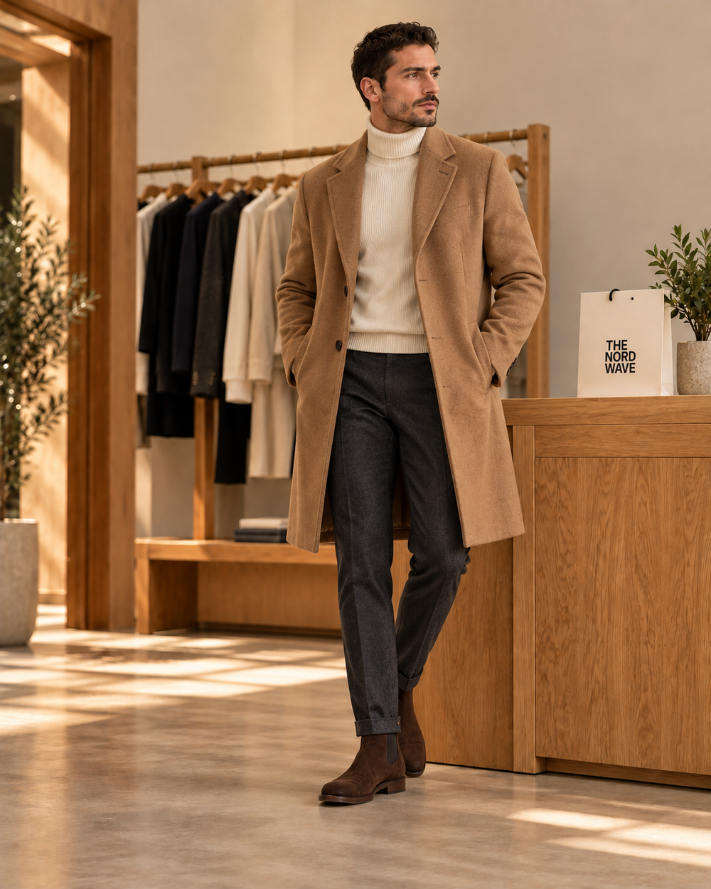 Outerwear editorial concept: worn camel coat