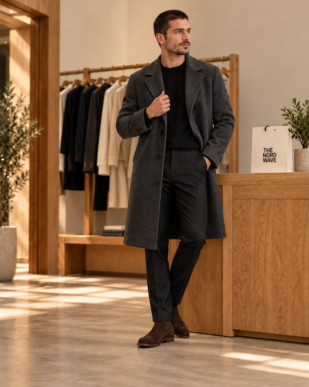 Outerwear editorial concept: worn charcoal coat