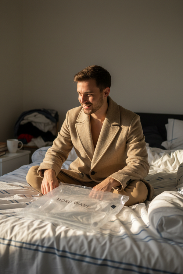 Sitting on Bed Beige Coat Wrap