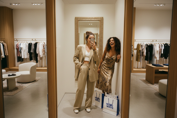 Two Women Friends Fitting Room Blazer
