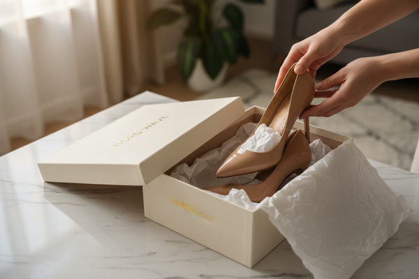 Women Holding Nude Heels Box