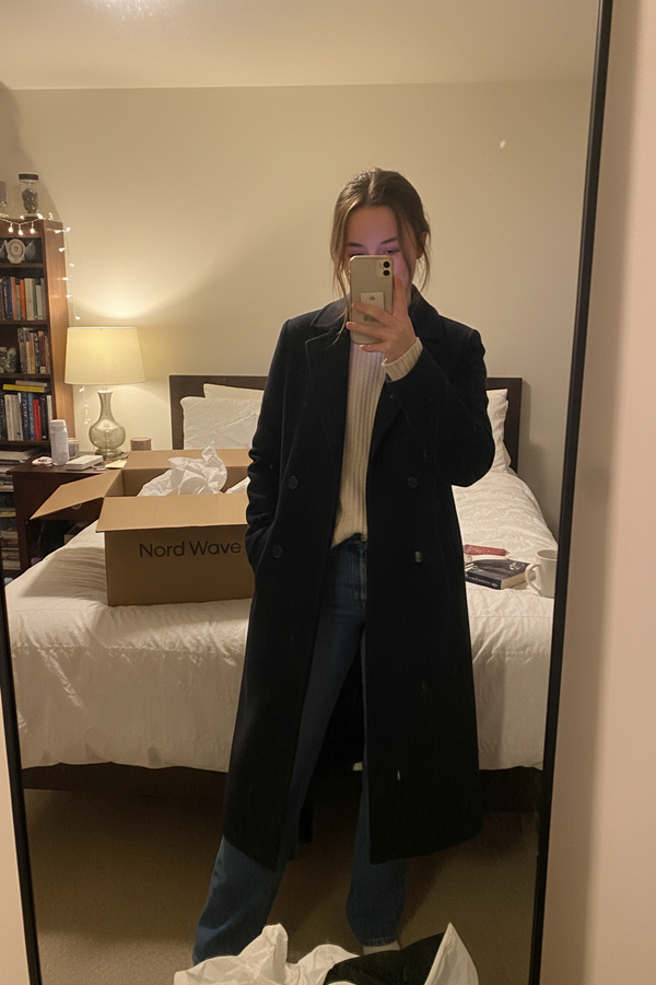Women Mirror Selfie Dark Long Coat